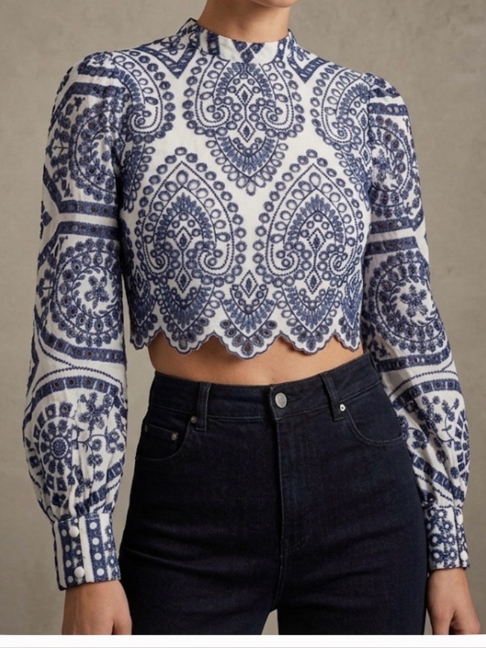 MINKPINK White & Blue Women’s Eyelet Embroidered Long Sleeves Crop Top Size S